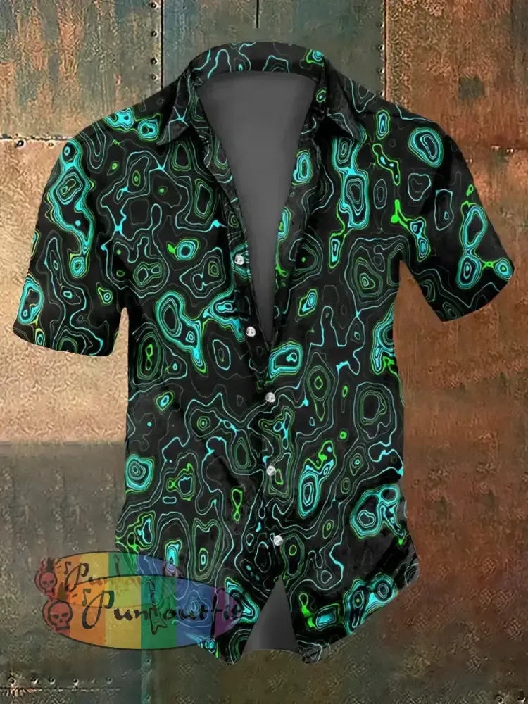 Men’s Abstract Print Casual Short Sleeved Shirt Black-Green / S