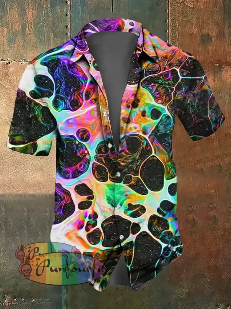 Men’s Abstract Psychedelic Fission Print Casual Short Sleeved Shirt Colorful / S