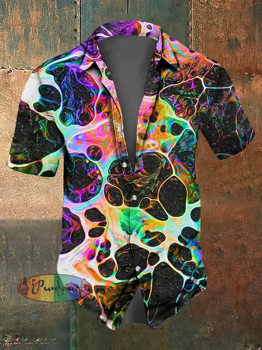 Men’s Abstract Psychedelic Fission Print Casual Short Sleeved Shirt Colorful / S