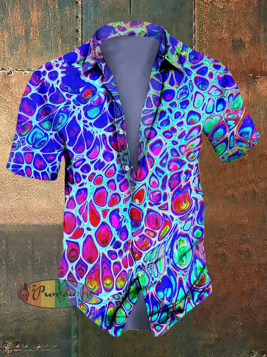 Men’s Abstract Psychedelic Fission Print Casual Short Sleeved Shirt Colorful / S