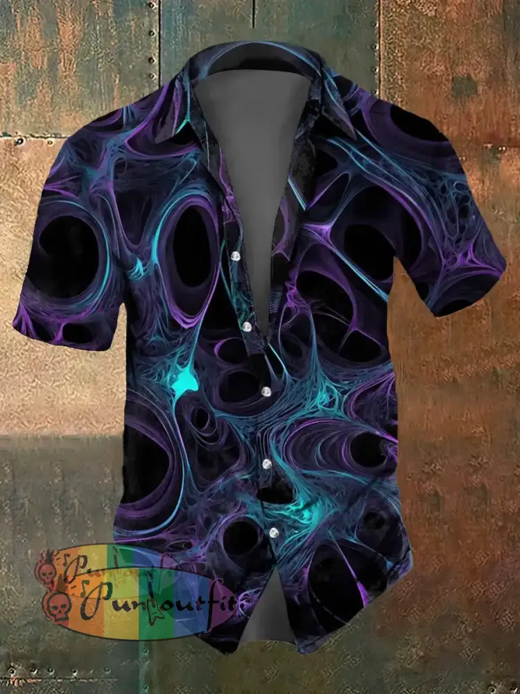 Men’s Abstract Psychedelic Fission Print Casual Short Sleeved Shirt Deep Purple / S