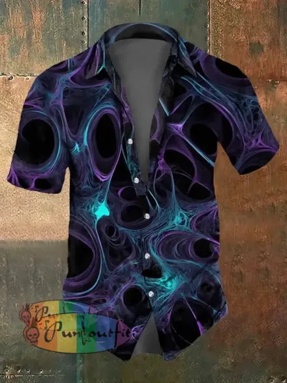 Men’s Abstract Psychedelic Fission Print Casual Short Sleeved Shirt Deep Purple / S