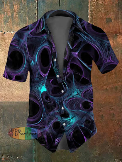 Men’s Abstract Psychedelic Fission Print Casual Short Sleeved Shirt Deep Purple / S