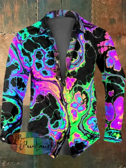 Men’s Abstract Psychedelic Fission Print Casual Short Sleeved Shirt Long Sleeved Shirt / S