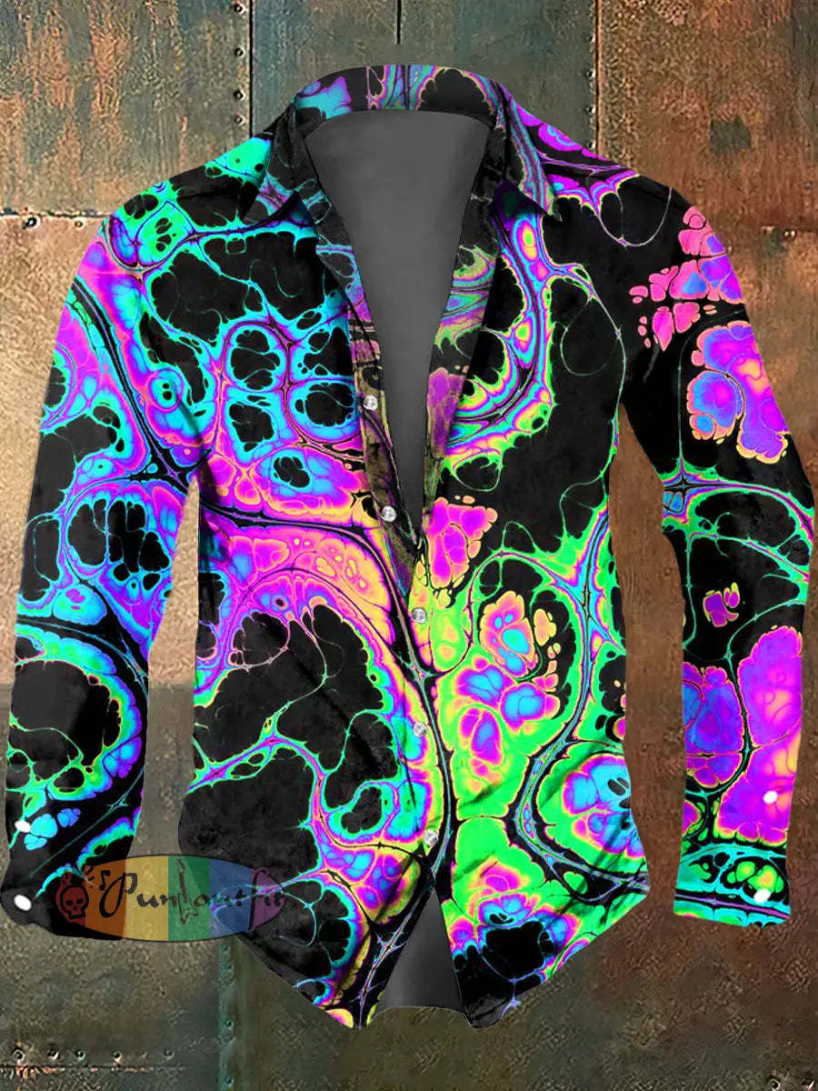 Men’s Abstract Psychedelic Fission Print Casual Short Sleeved Shirt Long Sleeved Shirt / S