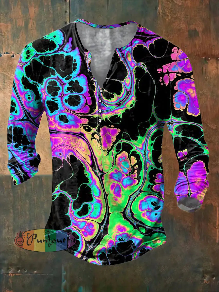 Men’s Abstract Psychedelic Fission Print Casual Short Sleeved Shirt Long Sleeve Button Henley Shirt / S