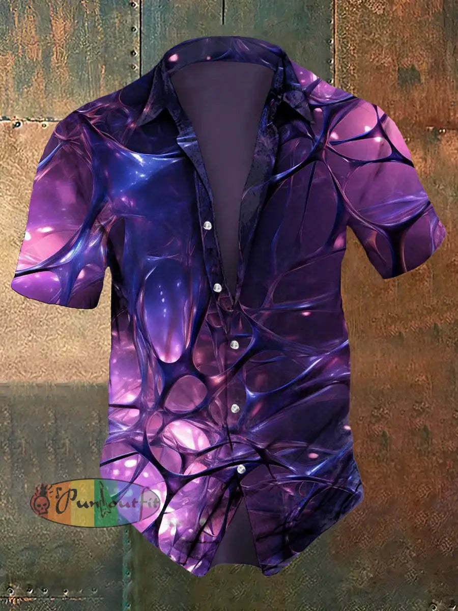 Men’s Abstract Psychedelic Fission Print Casual Short Sleeved Shirt Purple / S