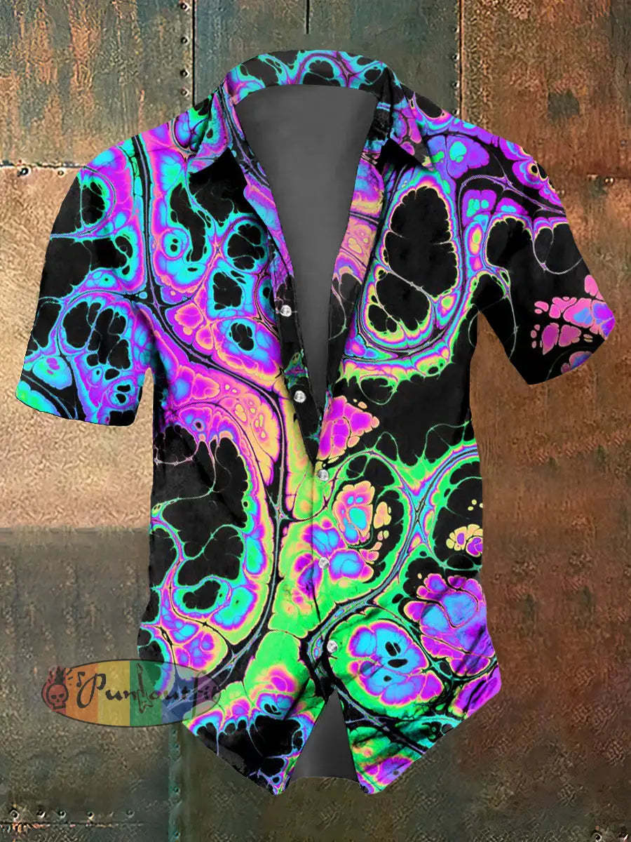 Men’s Abstract Psychedelic Fission Print Casual Short Sleeved Shirt Colorful / S