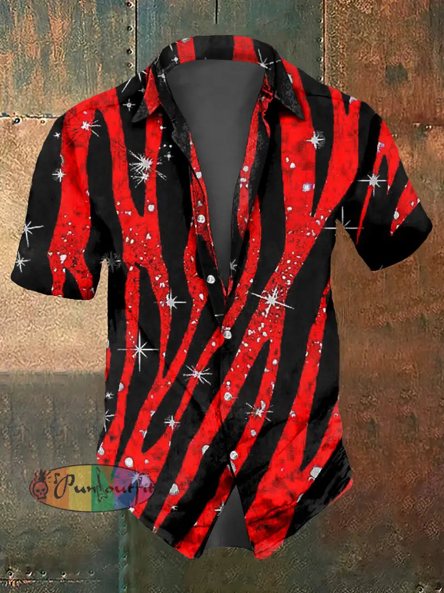 Men’s Abstract Psychedelic Flame Print Casual Short Sleeved Shirt Black Red / S