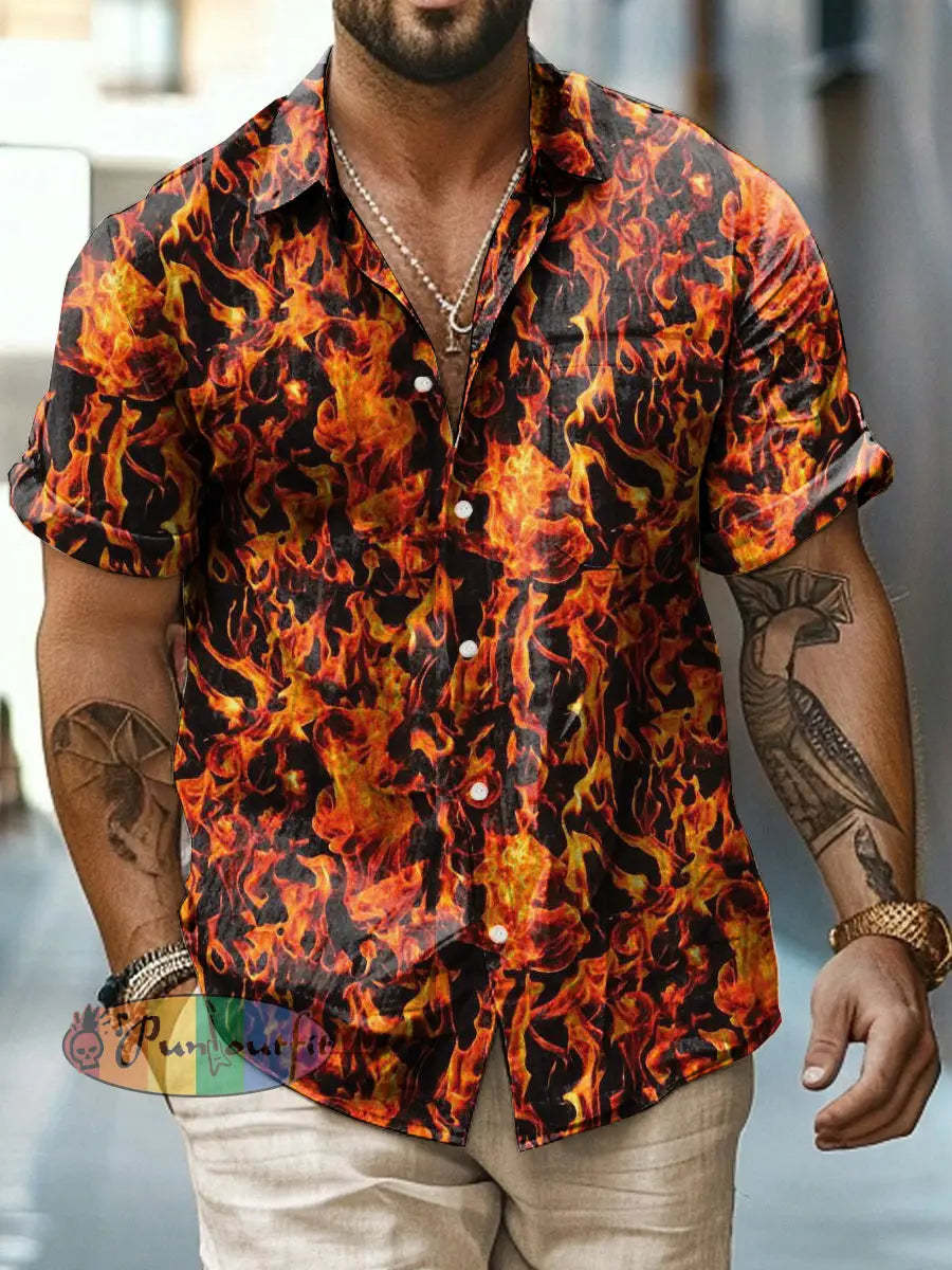 Men’s Abstract Psychedelic Flame Print Casual Short Sleeved Shirt Black Red / S
