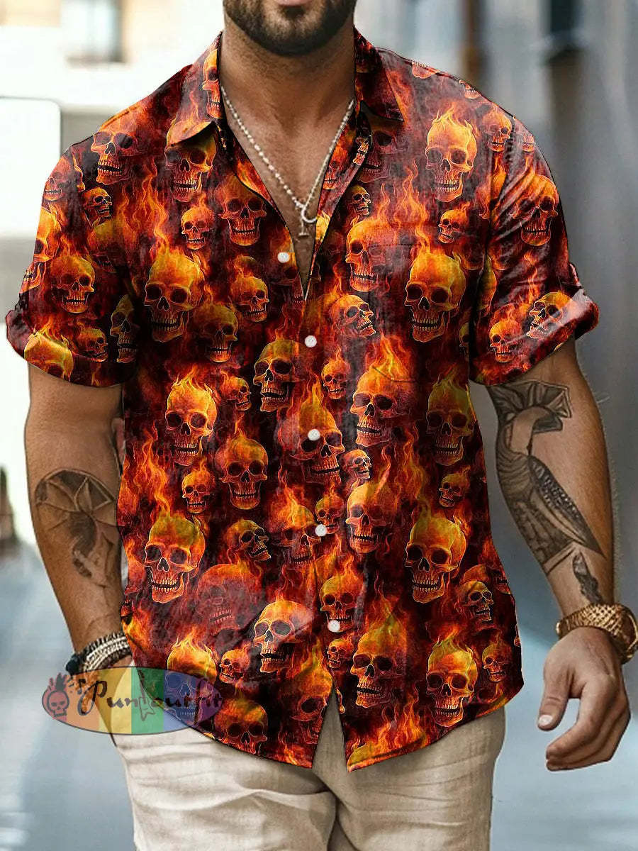 Men’s Abstract Psychedelic Flame Skull Print Casual Short Sleeved Shirt Black Red / S