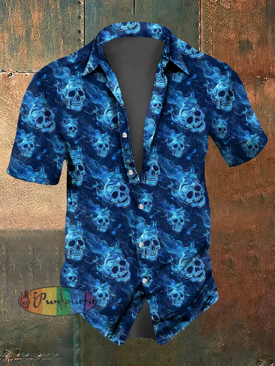 Men’s Abstract Psychedelic Flame Skull Print Casual Short Sleeved Shirt Blue / S