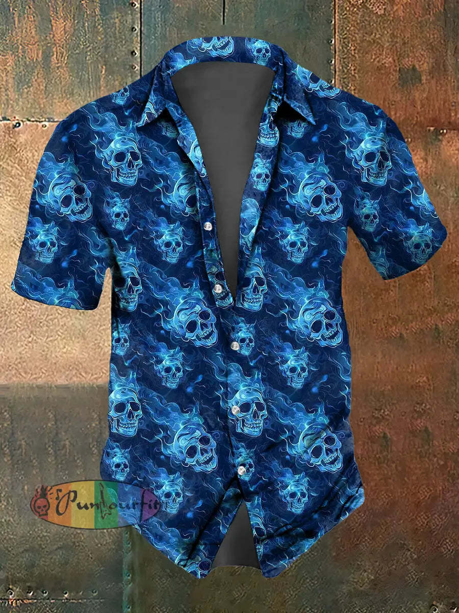 Men’s Abstract Psychedelic Flame Skull Print Casual Short Sleeved Shirt Blue / S