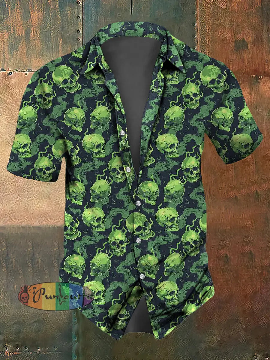 Men’s Abstract Psychedelic Flame Skull Print Casual Short Sleeved Shirt Green / S
