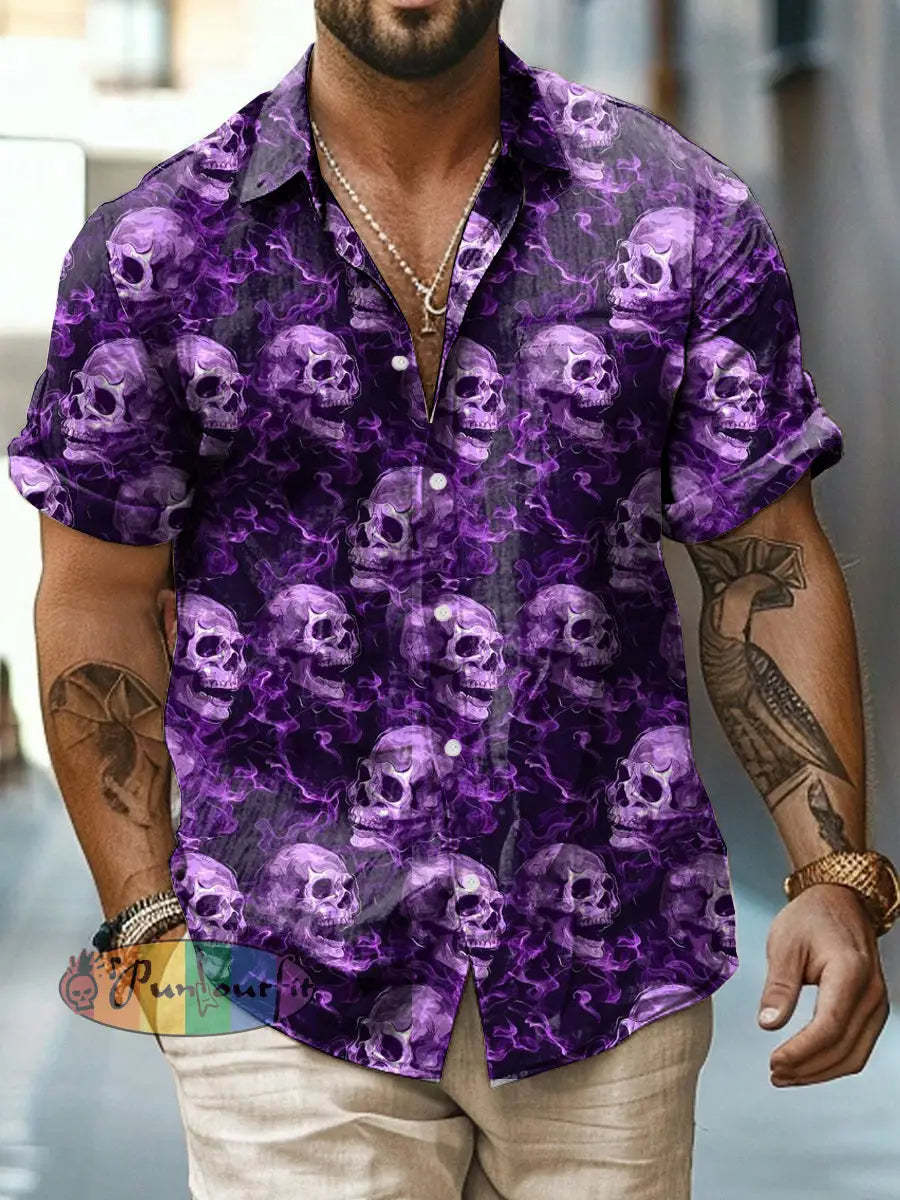 Men’s Abstract Psychedelic Flame Skull Print Casual Short Sleeved Shirt Purple / S