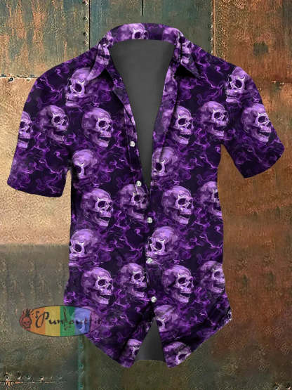 Men’s Abstract Psychedelic Flame Skull Print Casual Short Sleeved Shirt Purple / S