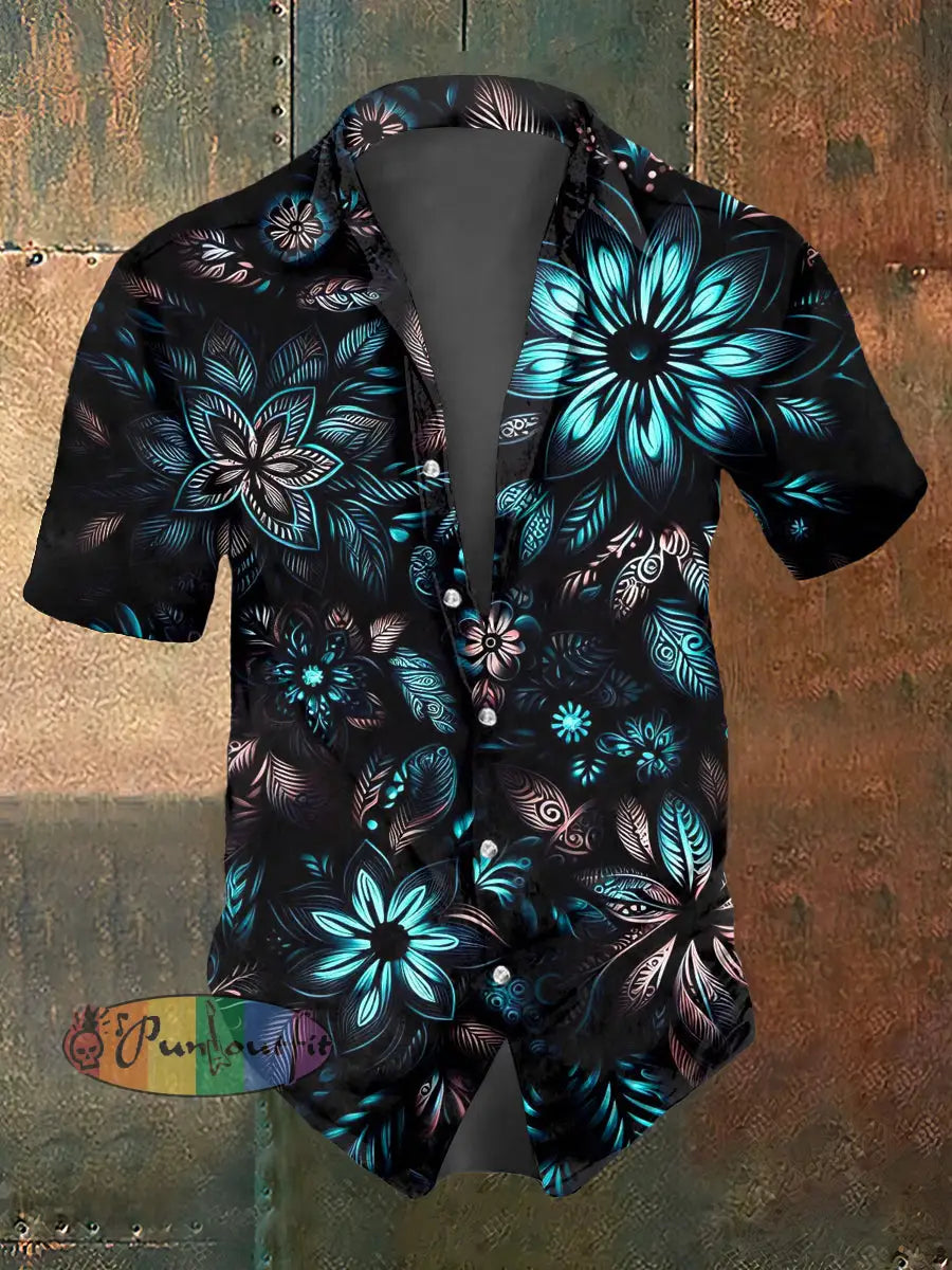 Men’s Abstract Psychedelic Flower Print Casual Short Sleeved Shirt Dark Blue / S