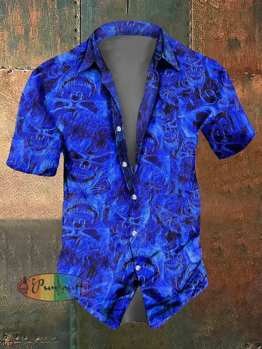 Men’s Abstract Psychedelic Fluorescence Skull Print Casual Short Sleeved Shirt Blue / S
