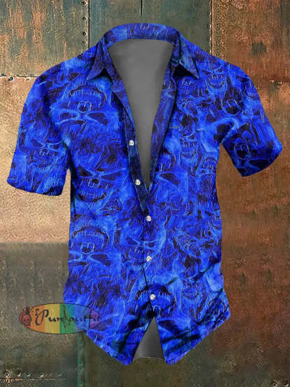 Men’s Abstract Psychedelic Fluorescence Skull Print Casual Short Sleeved Shirt Blue / S