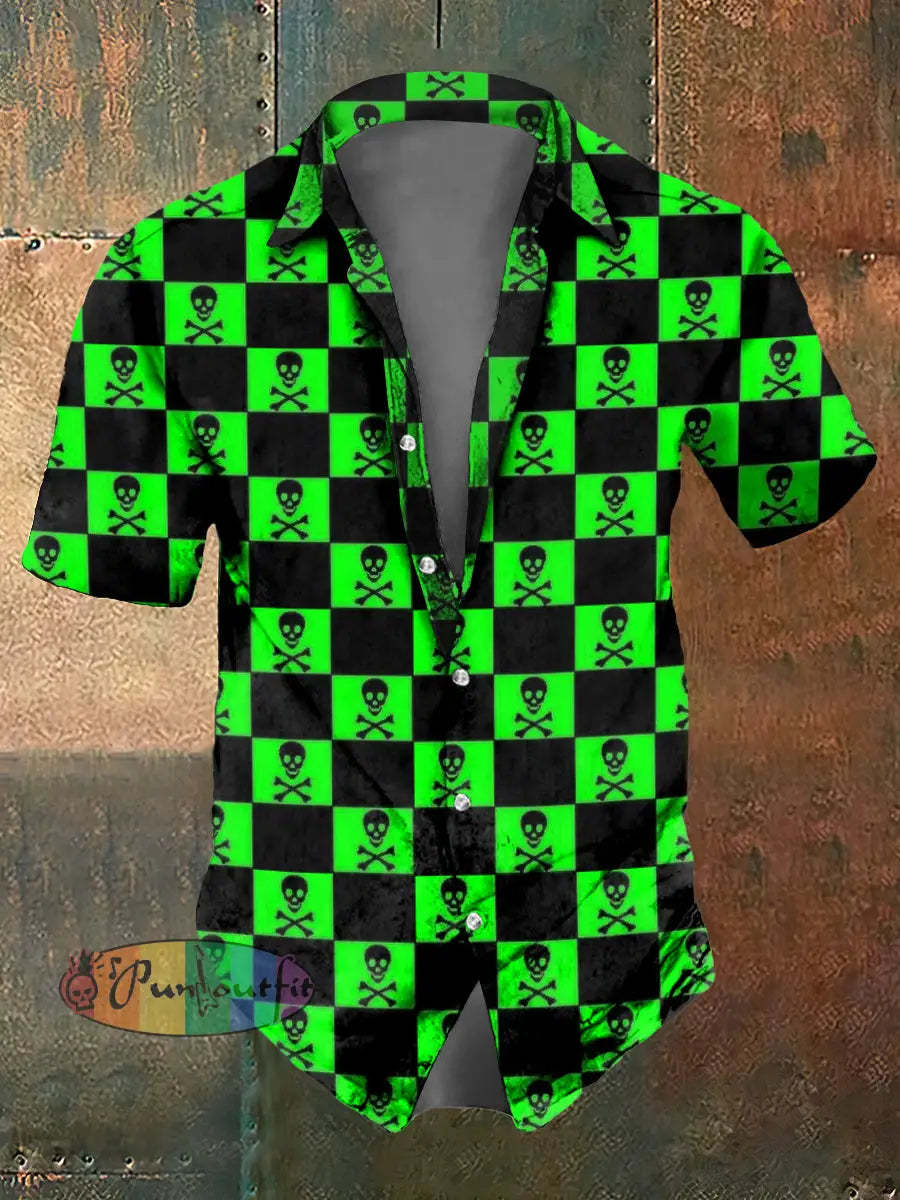 Men’s Abstract Psychedelic Pop Art Skull Print Casual Short Sleeved Shirt Green / S