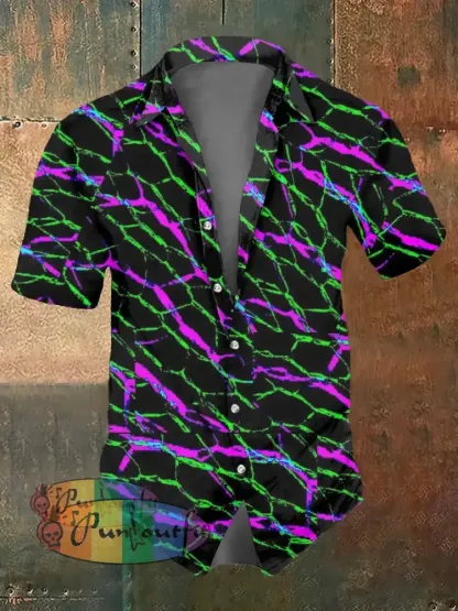 Men’s Abstract Psychedelic Print Casual Short Sleeved Shirt Colorful / S