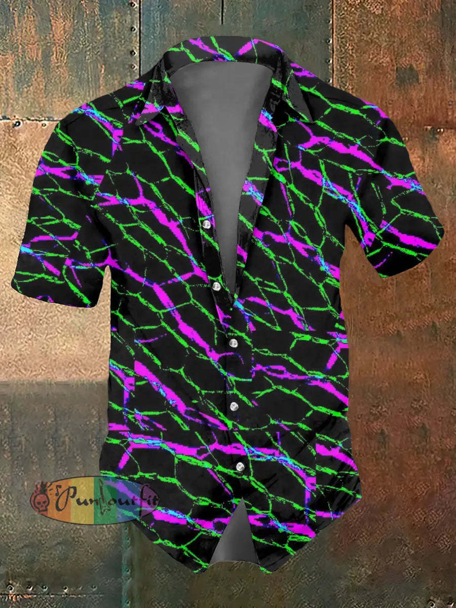 Men’s Abstract Psychedelic Print Casual Short Sleeved Shirt Colorful / S