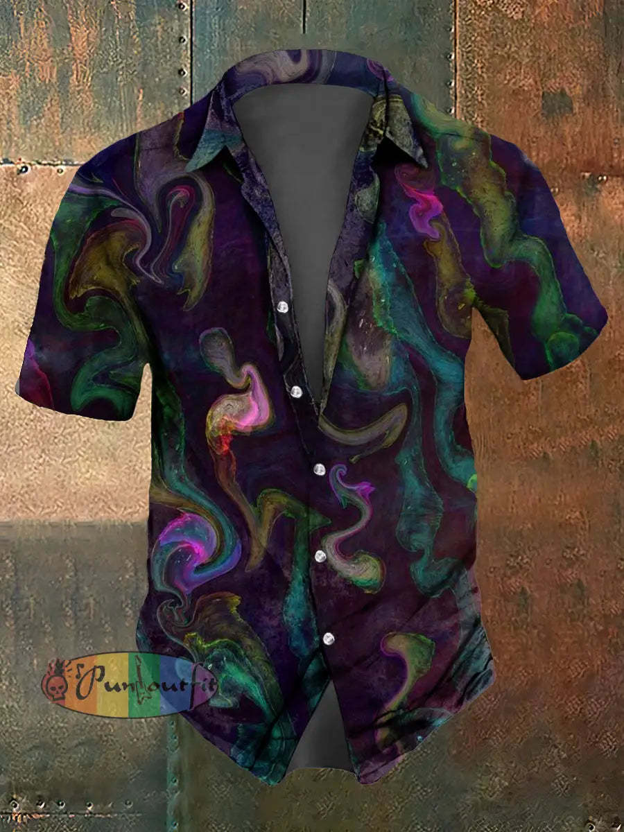 Men’s Abstract Psychedelic Print Casual Short Sleeved Shirt Dark Brown / S