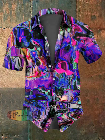 Men’s Abstract Psychedelic Print Casual Short Sleeved Shirt Multicolour / S