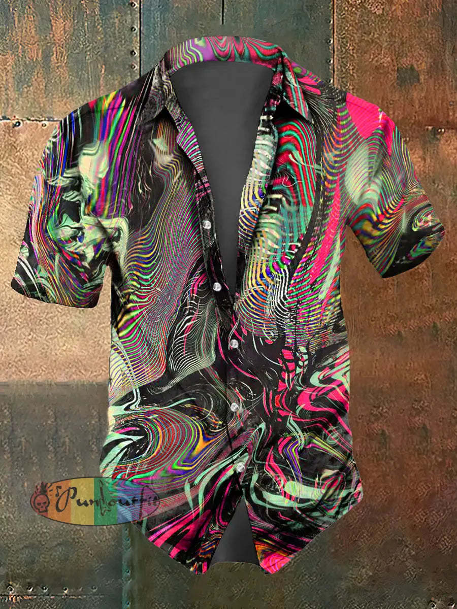 Men’s Abstract Psychedelic Print Casual Short Sleeved Shirt Multicolour / S