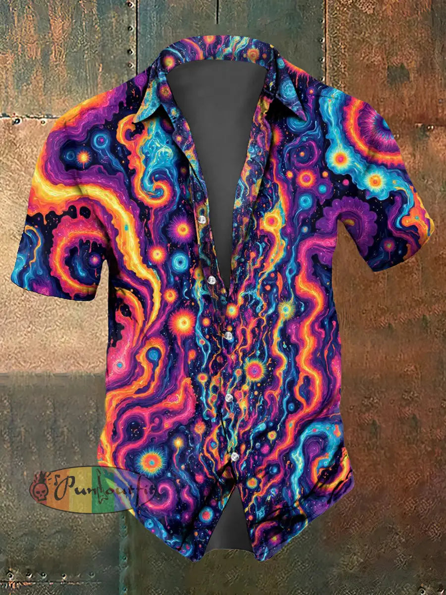 Men’s Abstract Psychedelic Print Casual Short Sleeved Shirt Multicolour / S