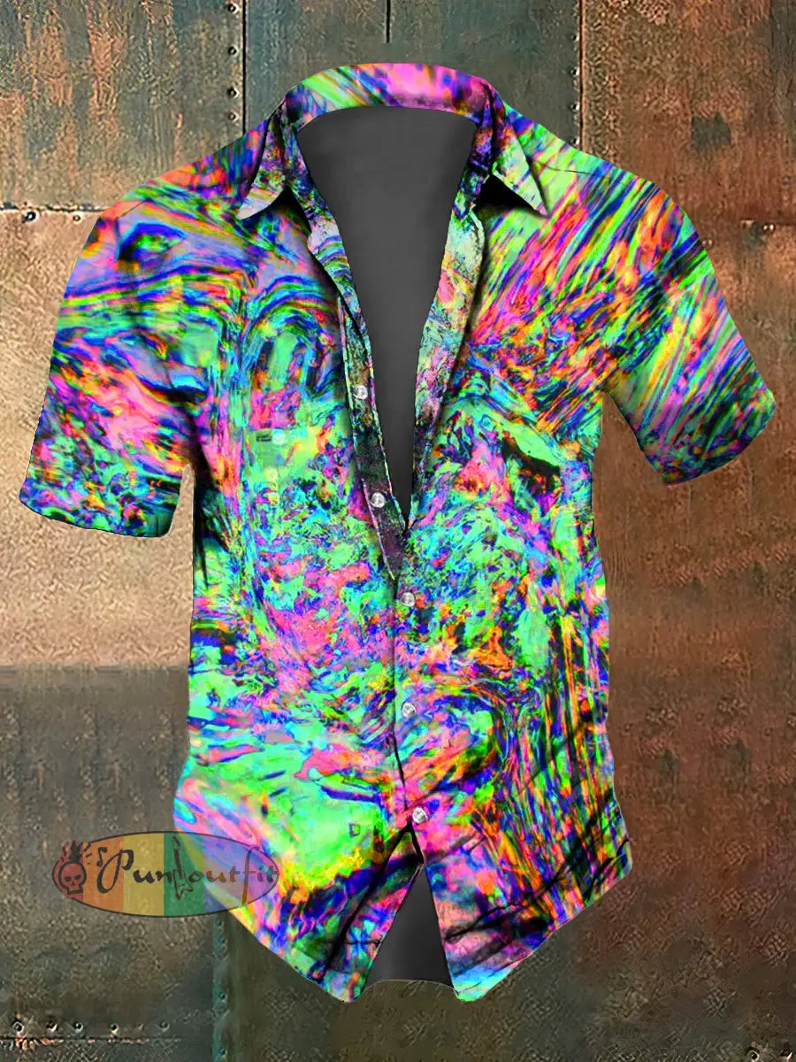 Men’s Abstract Psychedelic Print Casual Short Sleeved Shirt Multicolour / S