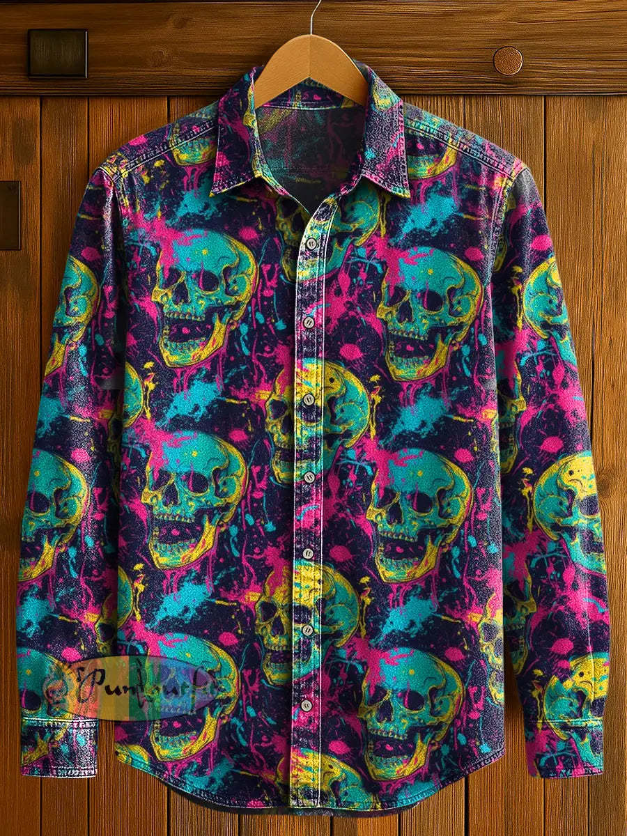Men’s Abstract Psychedelic Skull Print Casual Long Sleeved Shirt Multicolour / S