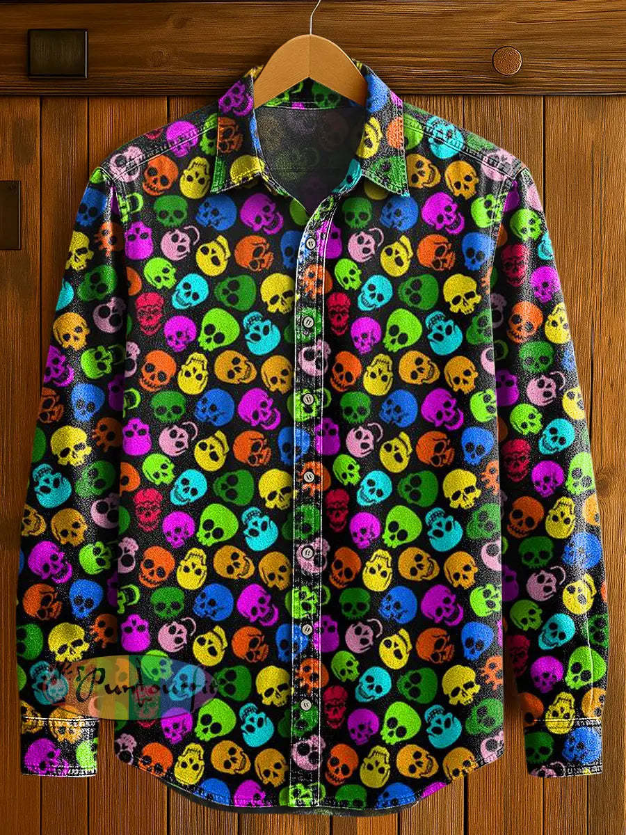 Men’s Abstract Psychedelic Skull Print Casual Long Sleeved Shirt Multicolour / S