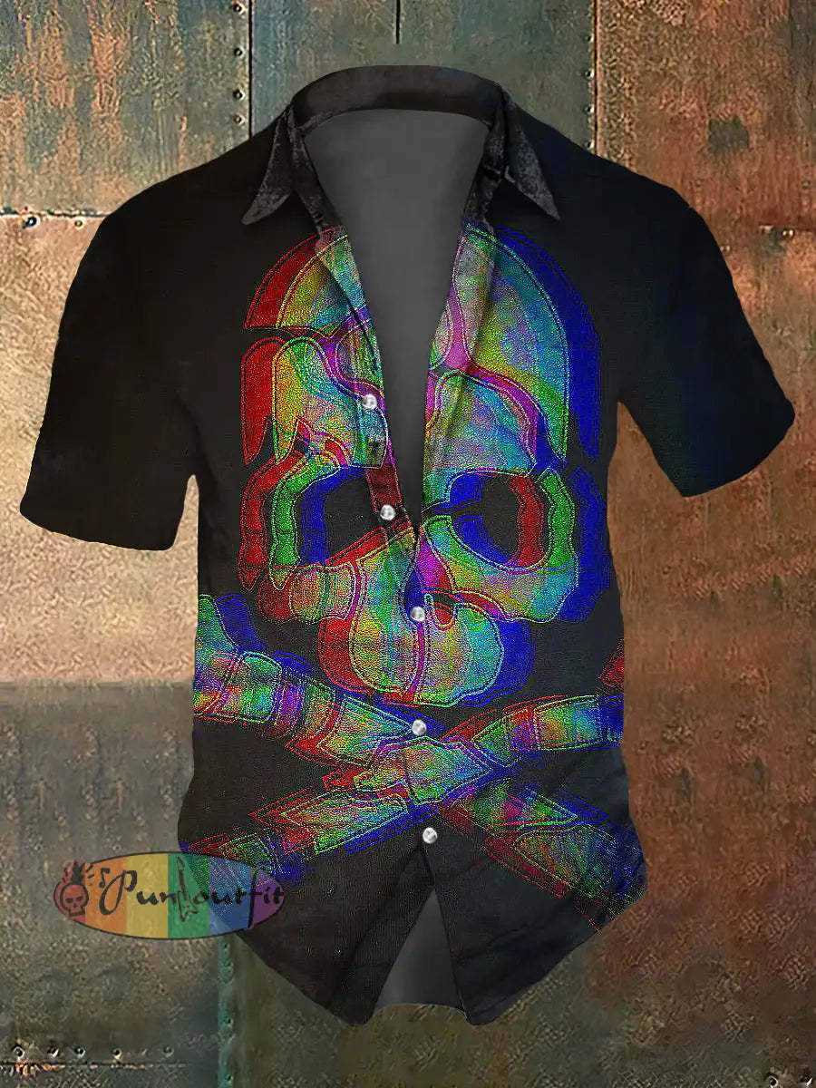 Men’s Abstract Psychedelic Skull Print Casual Short Sleeved Shirt Black / S