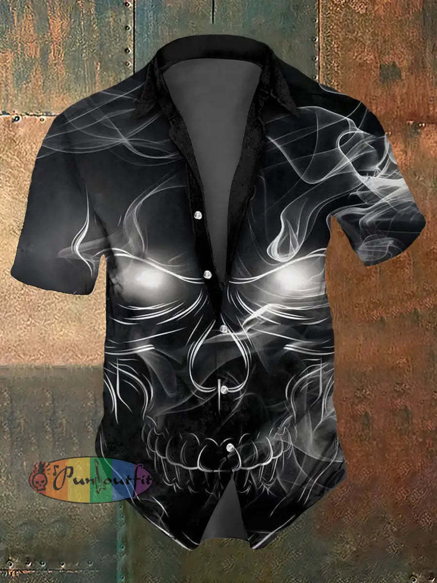 Men’s Abstract Psychedelic Skull Print Casual Short Sleeved Shirt Black / S