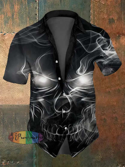 Men’s Abstract Psychedelic Skull Print Casual Short Sleeved Shirt Black / S