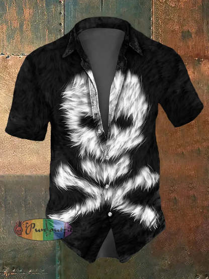 Men’s Abstract Psychedelic Skull Print Casual Short Sleeved Shirt Black / S
