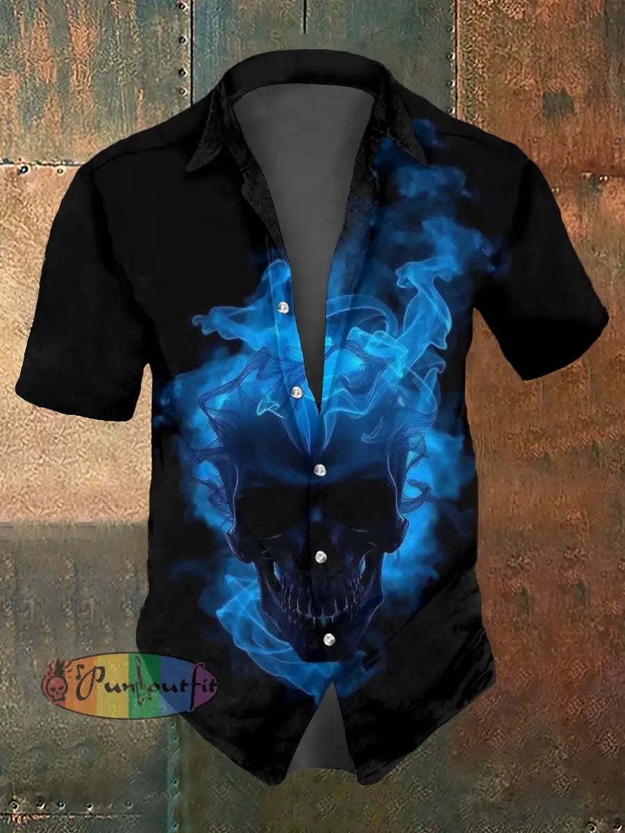 Men’s Abstract Psychedelic Skull Print Casual Short Sleeved Shirt Black / S