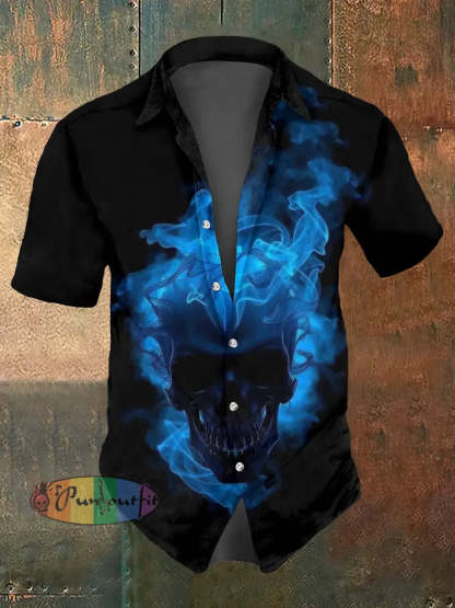 Men’s Abstract Psychedelic Skull Print Casual Short Sleeved Shirt Black / S