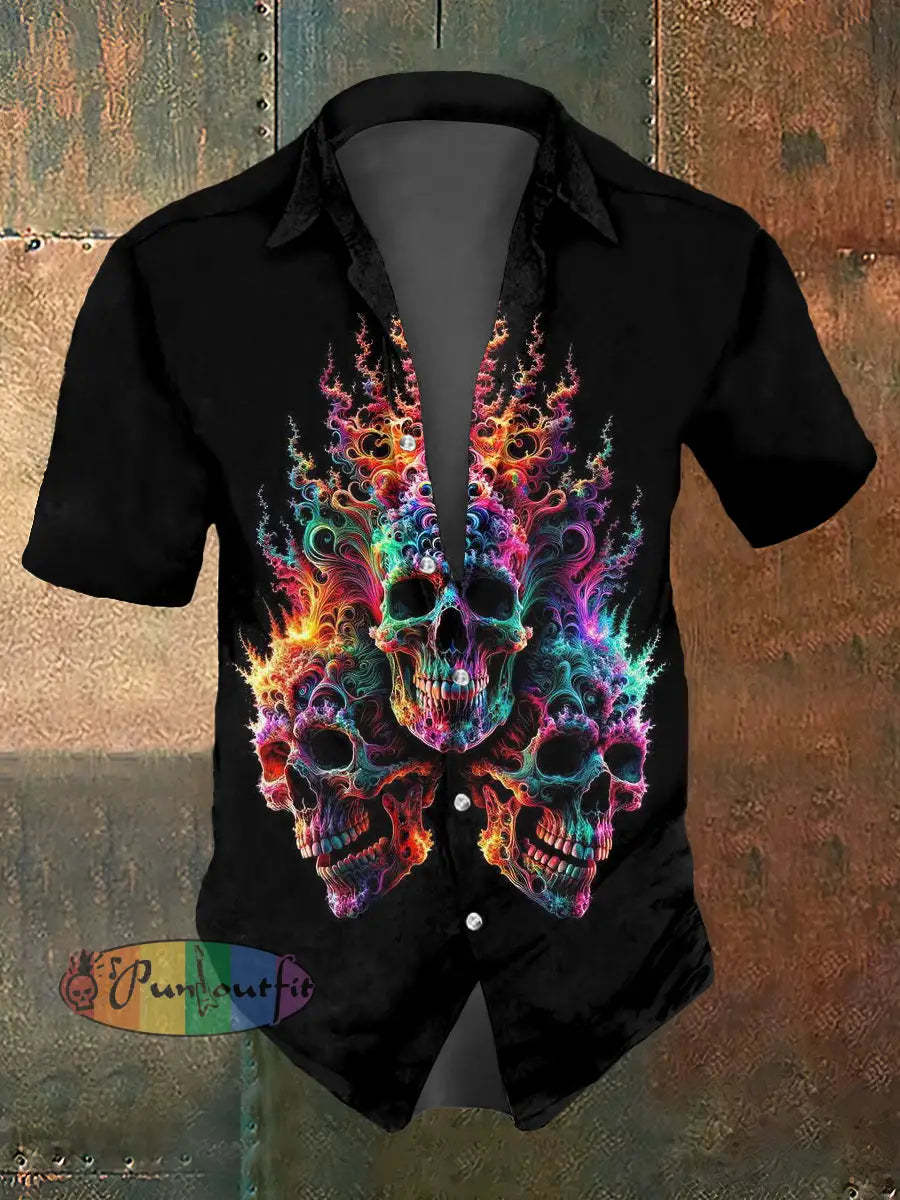 Men’s Abstract Psychedelic Skull Print Casual Short Sleeved Shirt Black / S