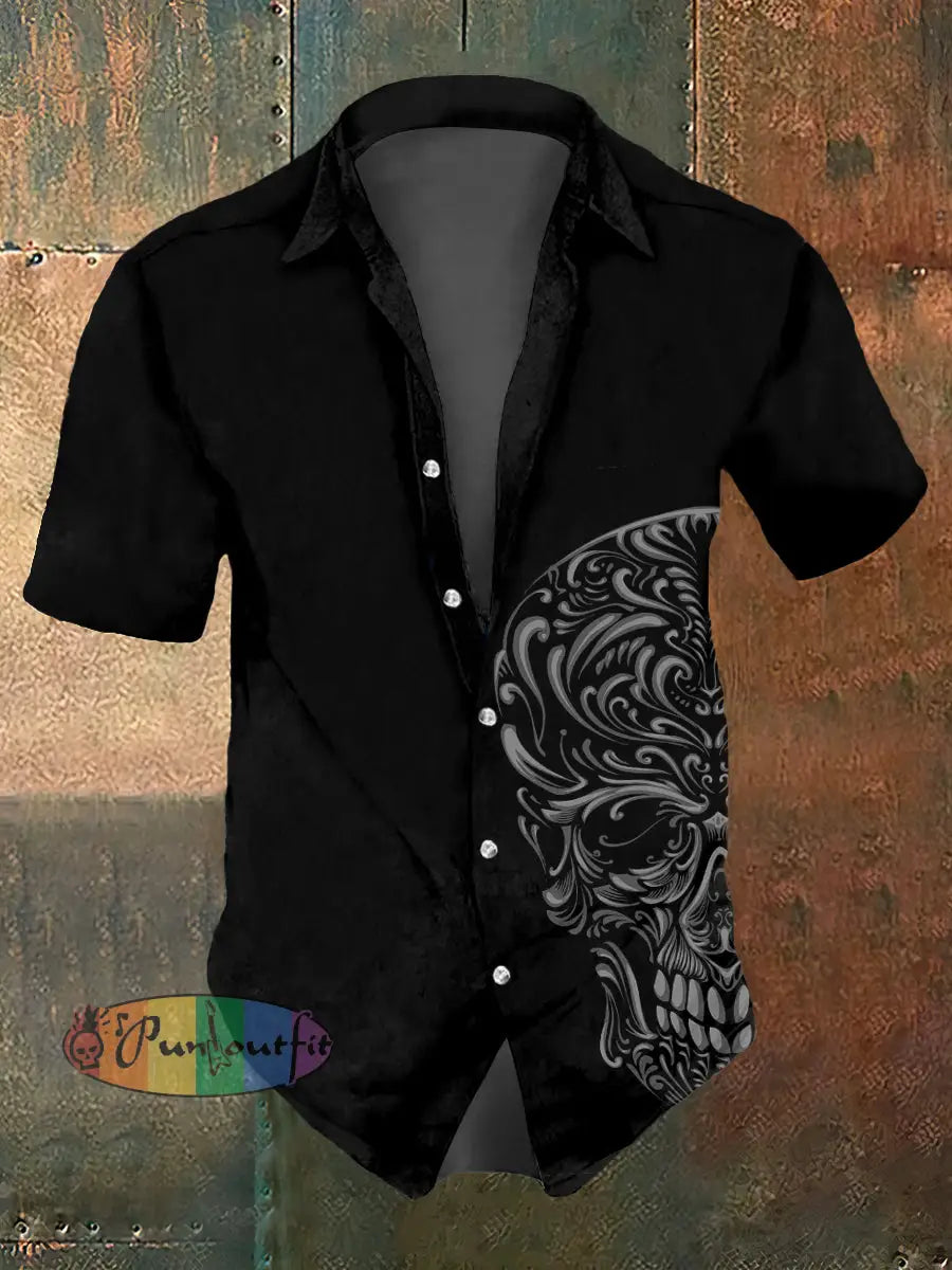 Men’s Abstract Psychedelic Skull Print Casual Short Sleeved Shirt Black / S