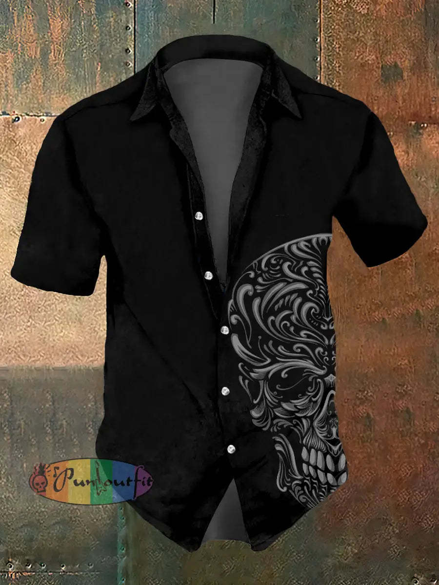 Men’s Abstract Psychedelic Skull Print Casual Short Sleeved Shirt Black / S