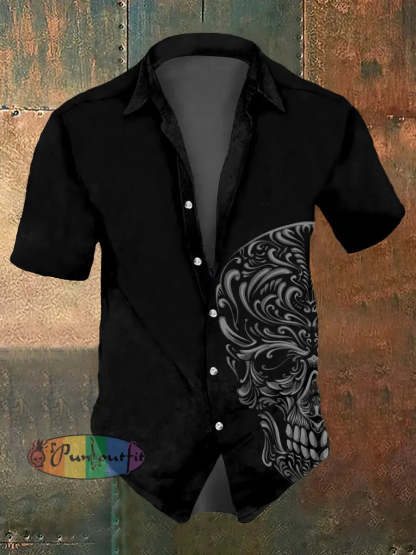 Men’s Abstract Psychedelic Skull Print Casual Short Sleeved Shirt Black / S