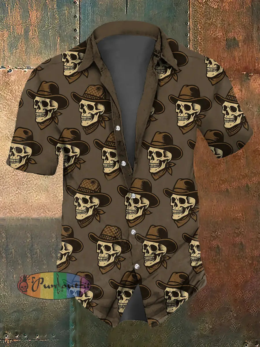 Men’s Abstract Psychedelic Skull Print Casual Short Sleeved Shirt Brown / S