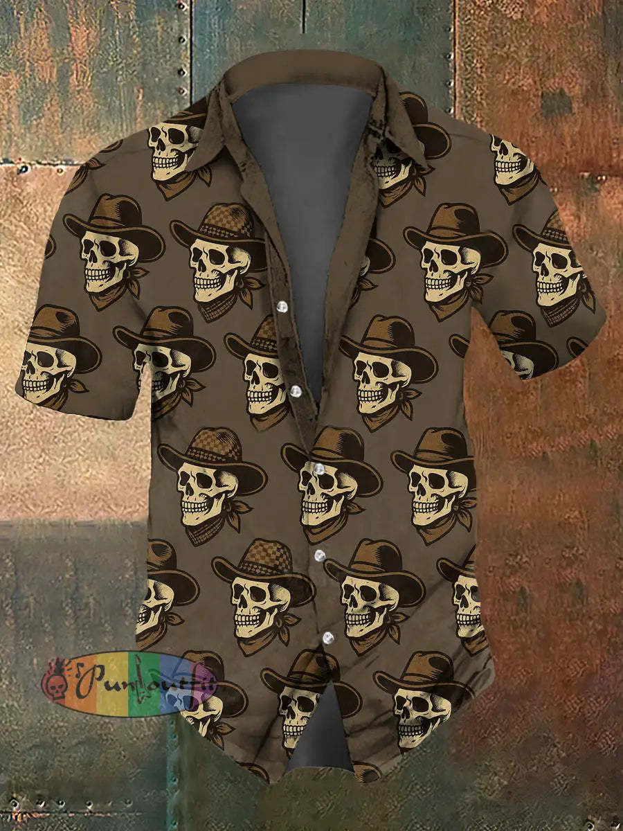 Men’s Abstract Psychedelic Skull Print Casual Short Sleeved Shirt Brown / S