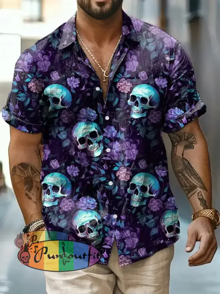 Men’s Abstract Psychedelic Skull Print Casual Short Sleeved Shirt Deep Purple / S