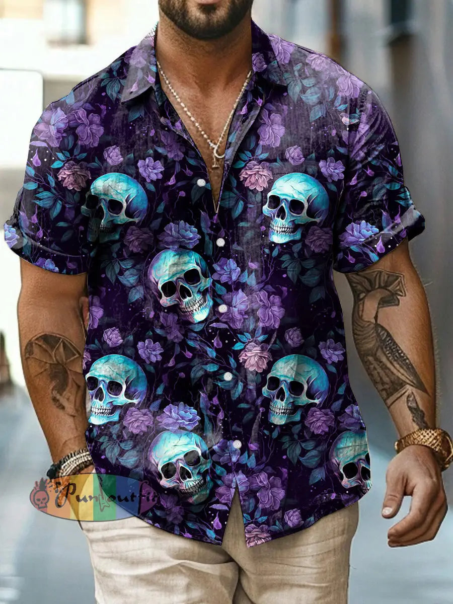 Men’s Abstract Psychedelic Skull Print Casual Short Sleeved Shirt Deep Purple / S
