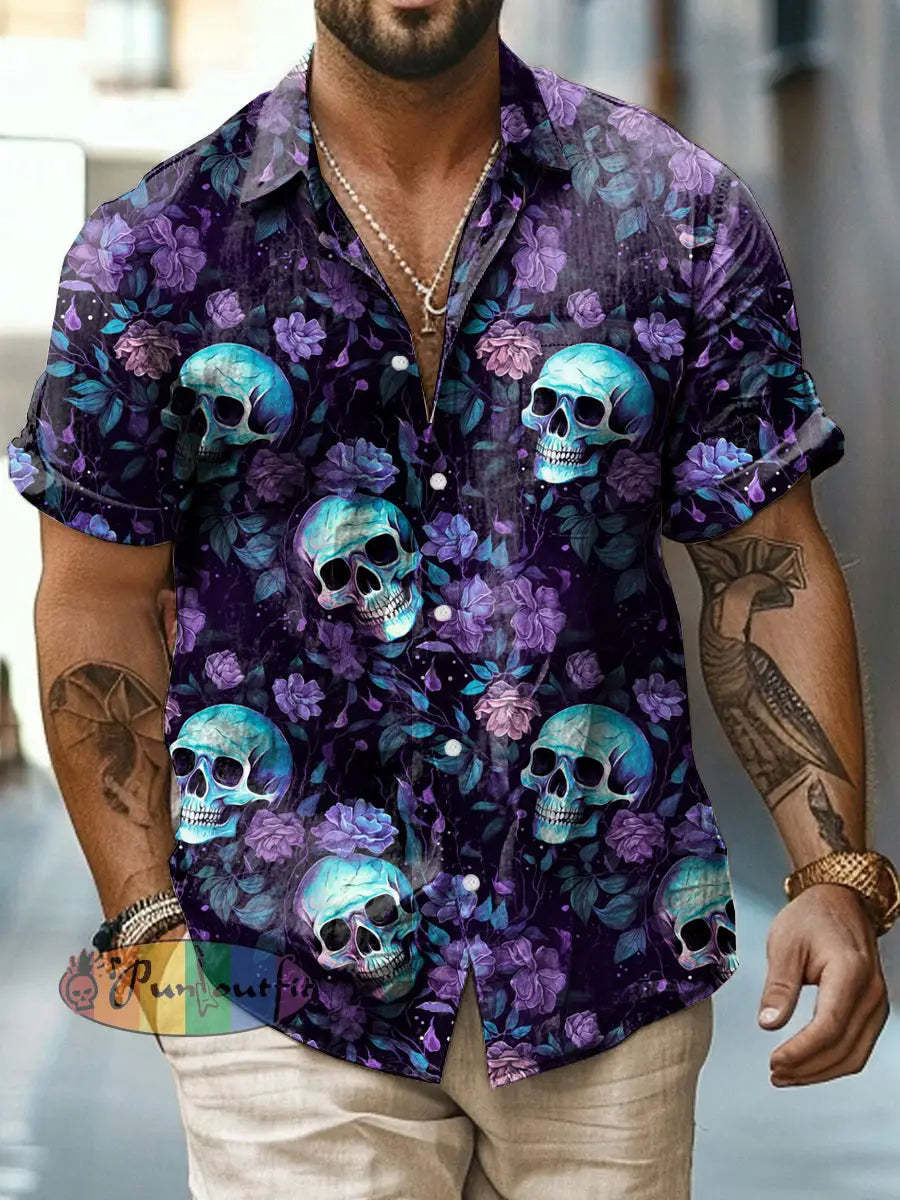 Men’s Abstract Psychedelic Skull Print Casual Short Sleeved Shirt Deep Purple / S
