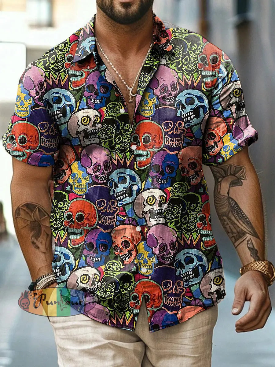 Men’s Abstract Psychedelic Skull Print Casual Short Sleeved Shirt Multicolour / S