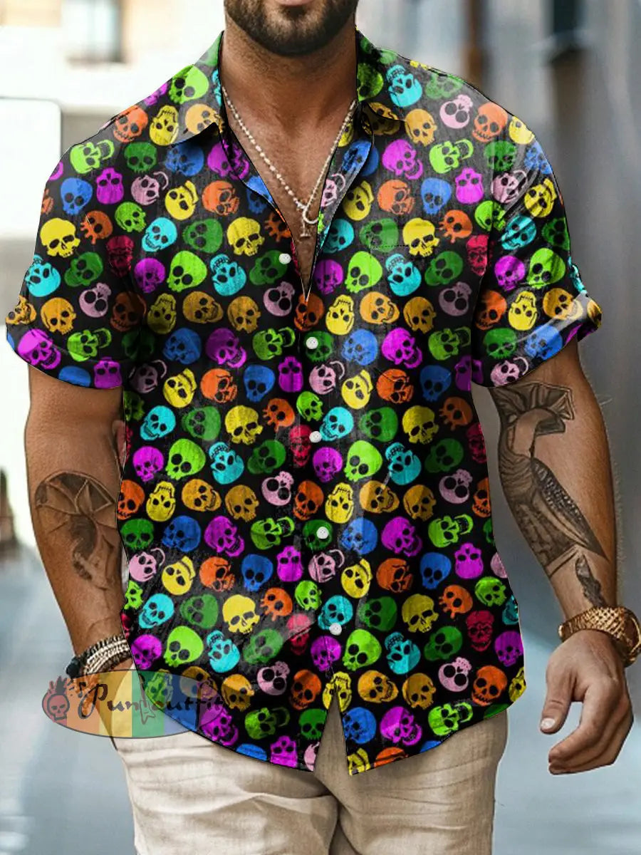 Men’s Abstract Psychedelic Skull Print Casual Short Sleeved Shirt Multicolour / S